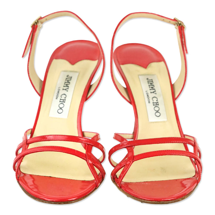 Jimmy Choo Red Raspberry Patent Leather Slim Crisscross Strappy Heels