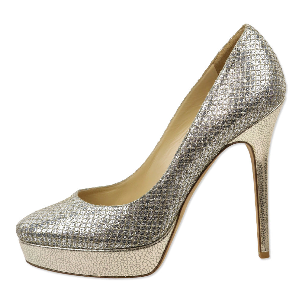 Jimmy Choo Silver Glitter/Gold Lurex Fabric Alex Platform Pumps