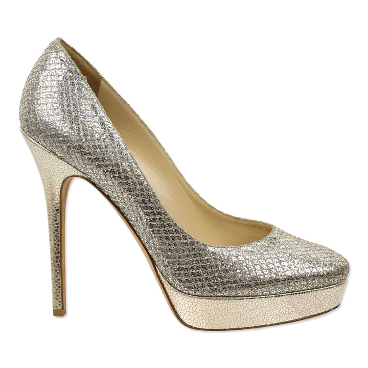Jimmy Choo Silver Glitter/Gold Lurex Fabric Alex Platform Pumps