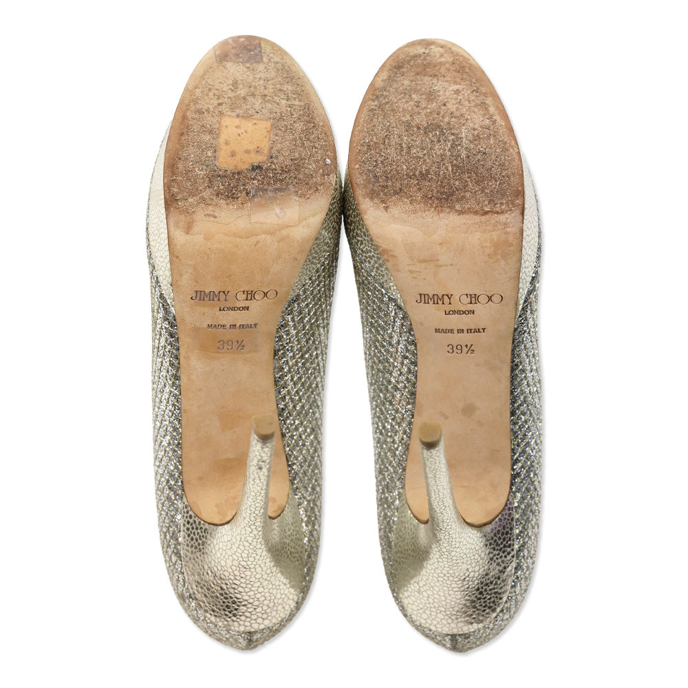 Jimmy Choo Silver Glitter/Gold Lurex Fabric Alex Platform Pumps