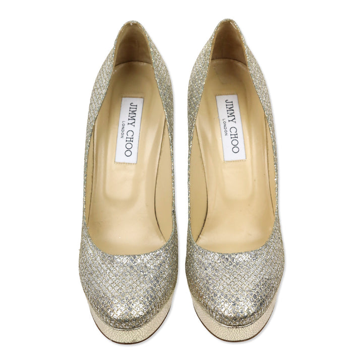 Jimmy Choo Silver Glitter/Gold Lurex Fabric Alex Platform Pumps
