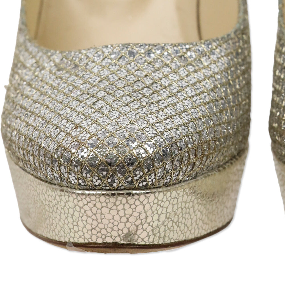 Jimmy Choo Silver Glitter/Gold Lurex Fabric Alex Platform Pumps