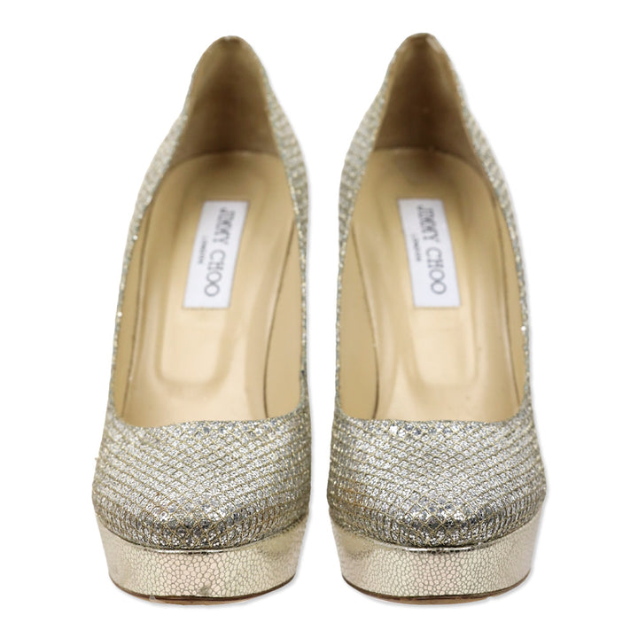 Jimmy Choo Silver Glitter/Gold Lurex Fabric Alex Platform Pumps