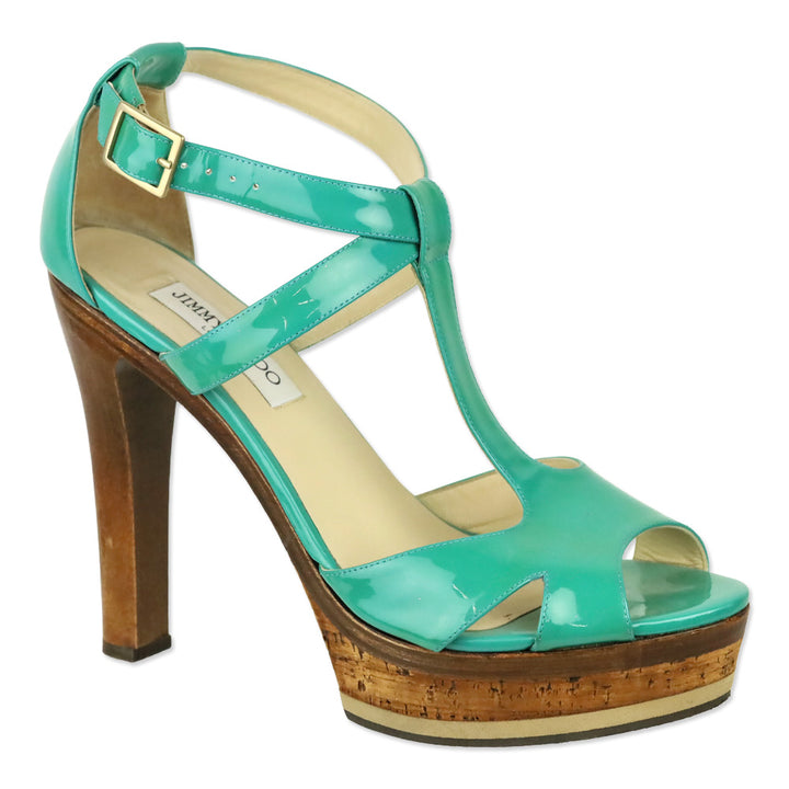 Jimmy Choo Teal Patent Leather T-Strap Platform Sandals