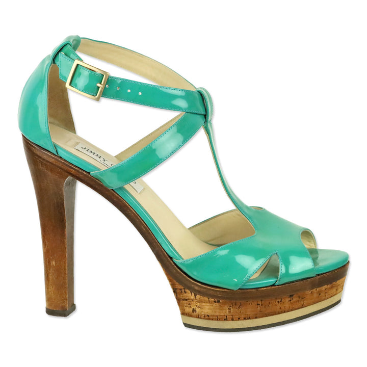 Jimmy Choo Teal Patent Leather T-Strap Platform Sandals