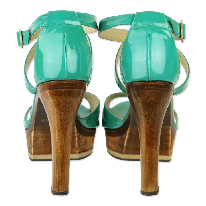 Jimmy Choo Teal Patent Leather T-Strap Platform Sandals
