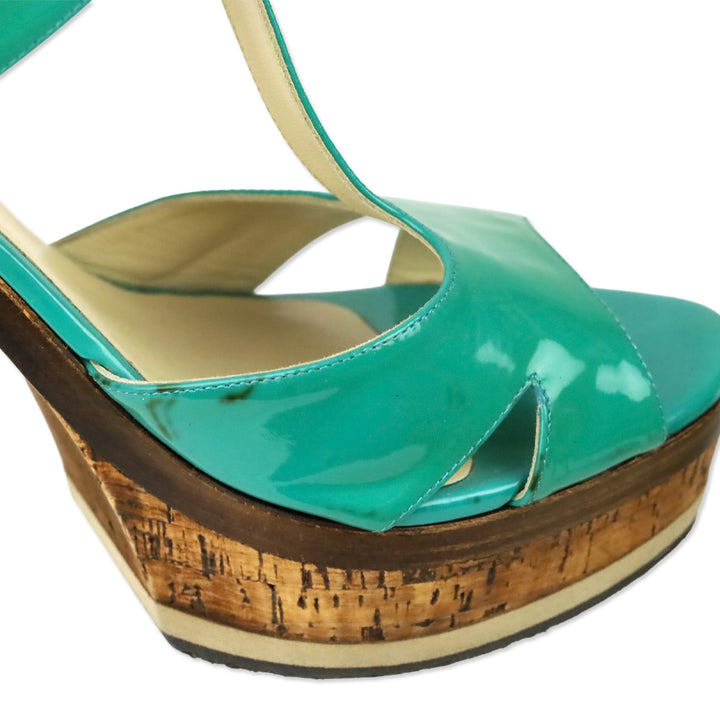 Jimmy Choo Teal Patent Leather T-Strap Platform Sandals