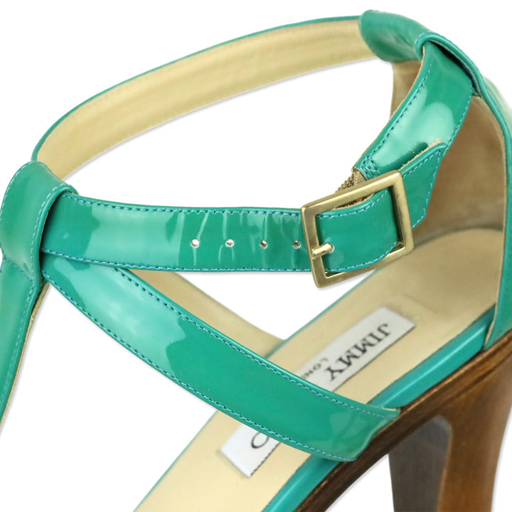 Jimmy Choo Teal Patent Leather T-Strap Platform Sandals