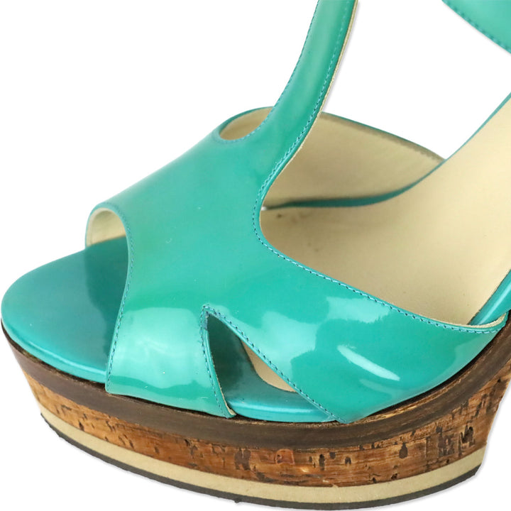 Jimmy Choo Teal Patent Leather T-Strap Platform Sandals