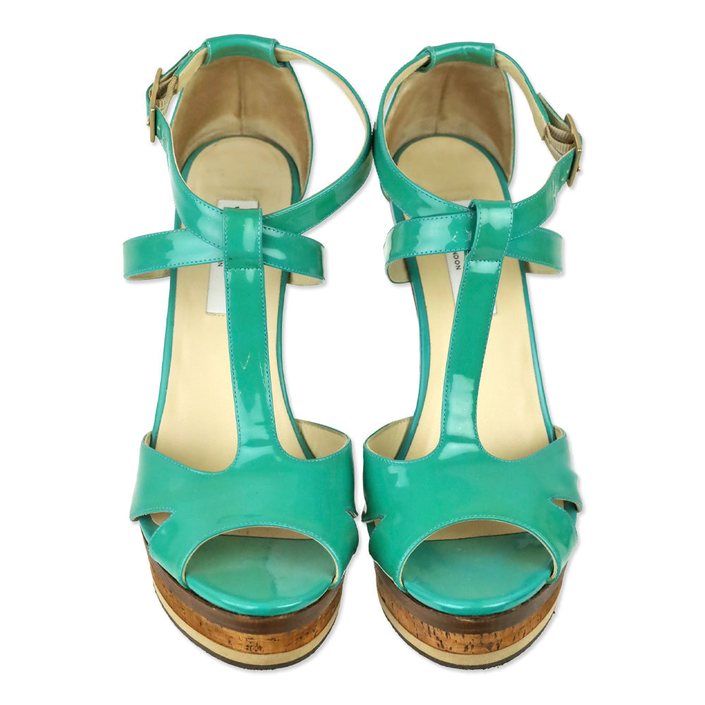 Jimmy Choo Teal Patent Leather T-Strap Platform Sandals
