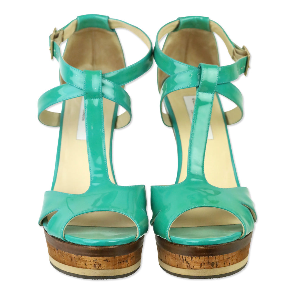 Jimmy Choo Teal Patent Leather T-Strap Platform Sandals