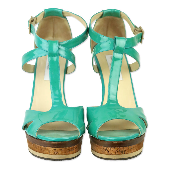 Jimmy Choo Teal Patent Leather T-Strap Platform Sandals