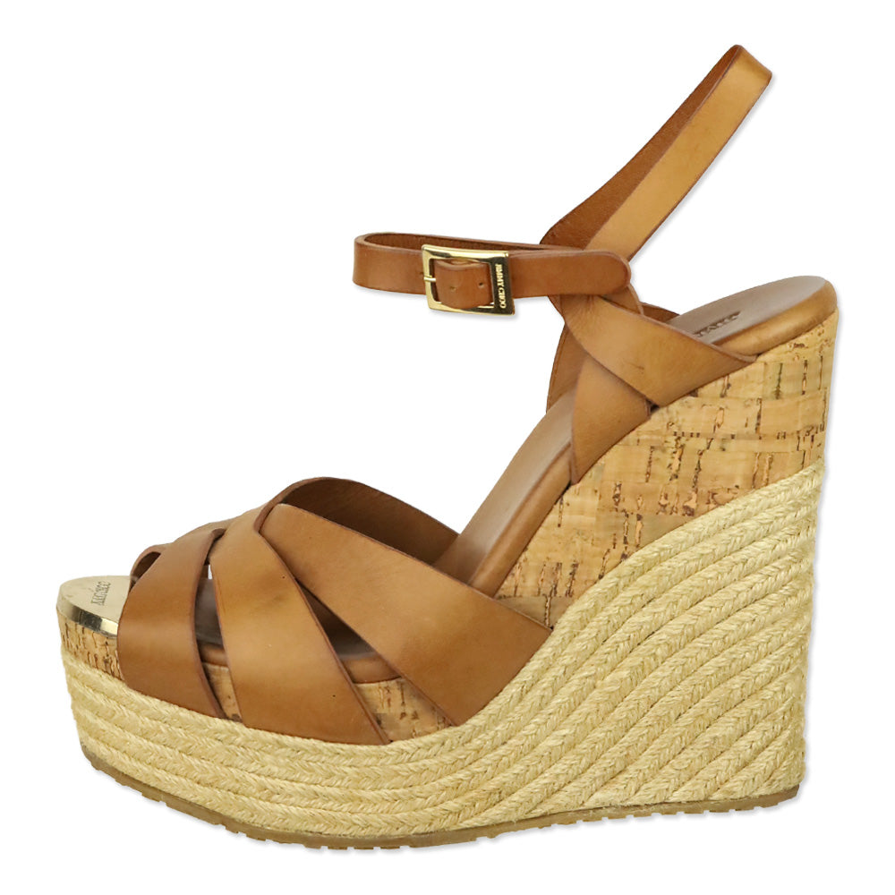 Jimmy Choo Theia Brown Leather Cork/Jute Platform Sandals