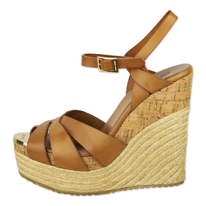 Jimmy Choo Theia Brown Leather Cork/Jute Platform Sandals