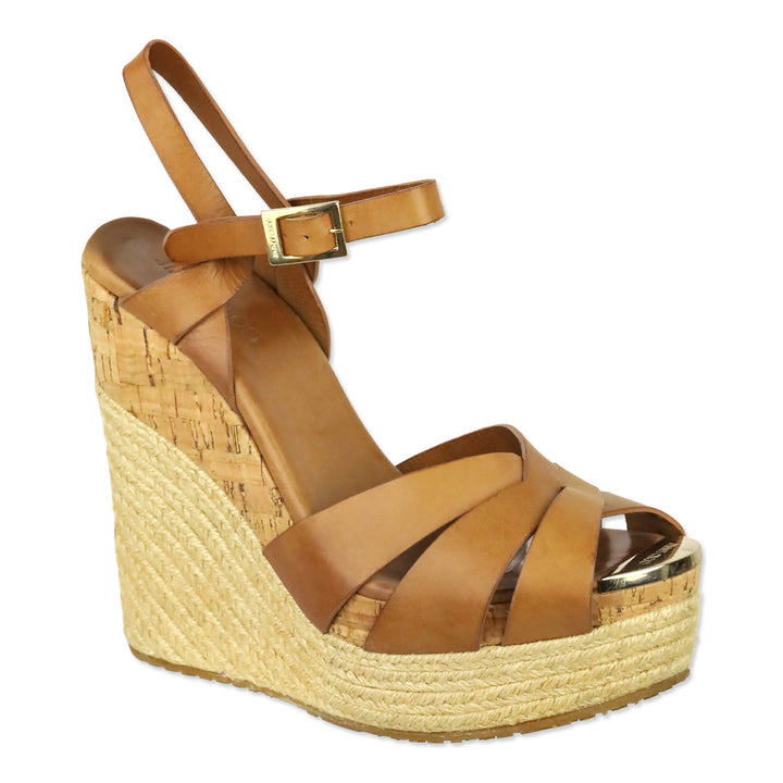 Jimmy Choo Theia Brown Leather Cork/Jute Platform Sandals