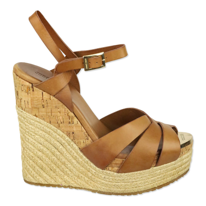 Jimmy Choo Theia Brown Leather Cork/Jute Platform Sandals