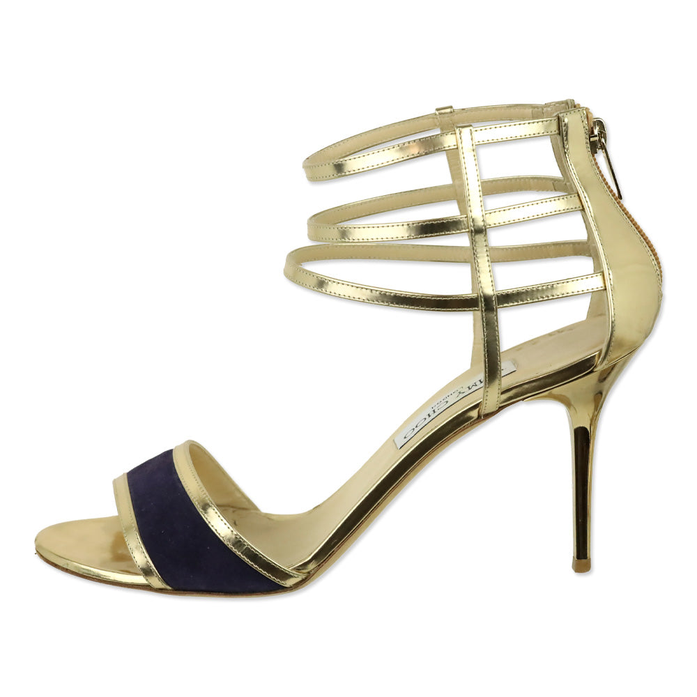 Jimmy Choo Tolka Metallic Gold and Indigo Suede Cage Sandals