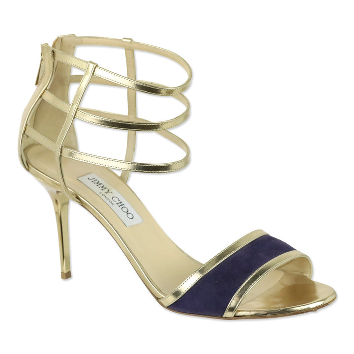 Jimmy Choo Tolka Metallic Gold and Indigo Suede Cage Sandals