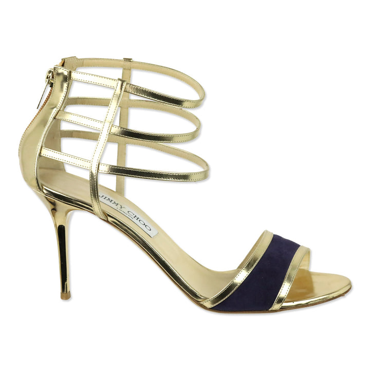 Jimmy Choo Tolka Metallic Gold and Indigo Suede Cage Sandals