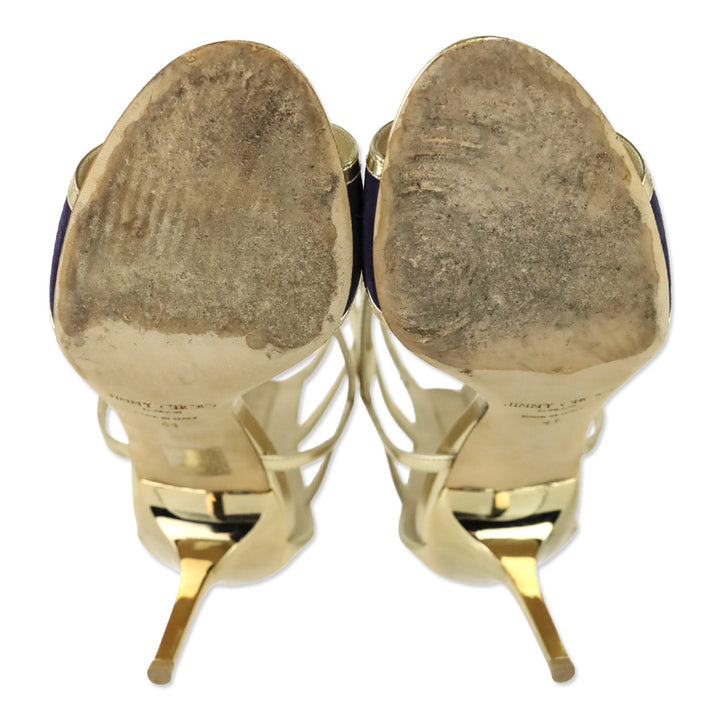 Jimmy Choo Tolka Metallic Gold and Indigo Suede Cage Sandals