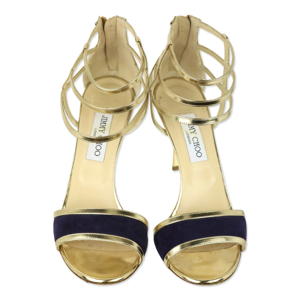 Jimmy Choo Tolka Metallic Gold and Indigo Suede Cage Sandals