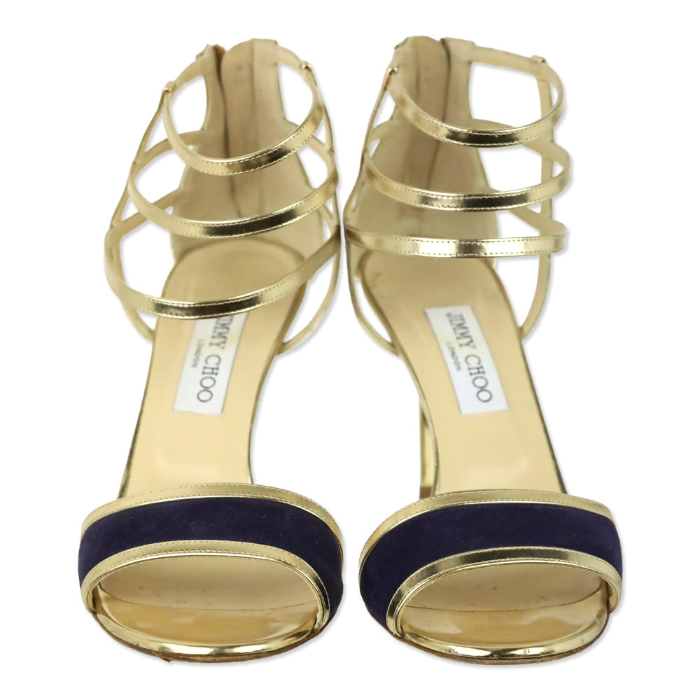 Jimmy Choo Tolka Metallic Gold and Indigo Suede Cage Sandals