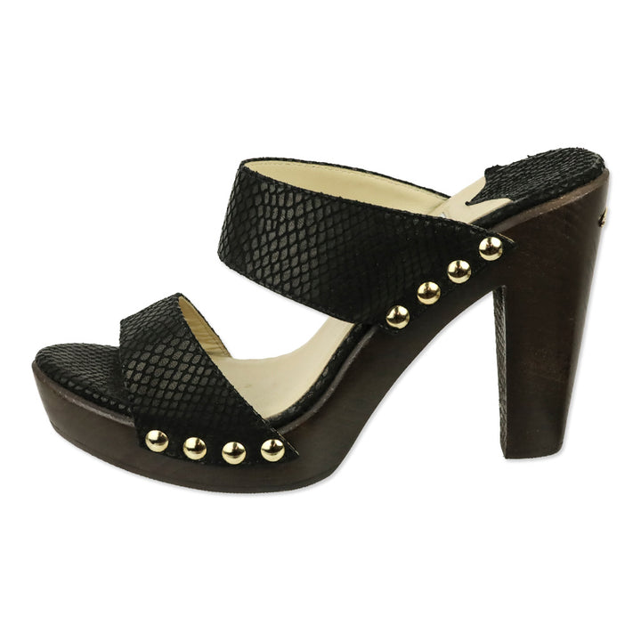 Jimmy Choo Ulrika Black Snakeskin Embossed Leather Wood Platform Mules