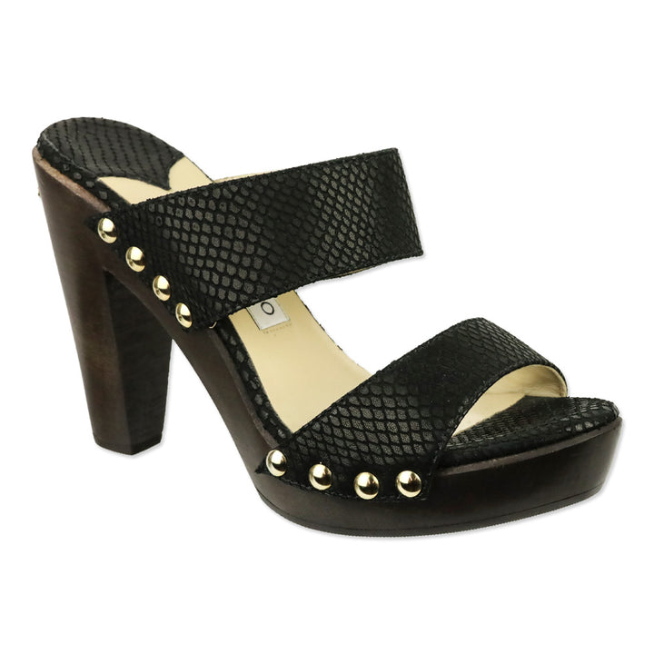Jimmy Choo Ulrika Black Snakeskin Embossed Leather Wood Platform Mules
