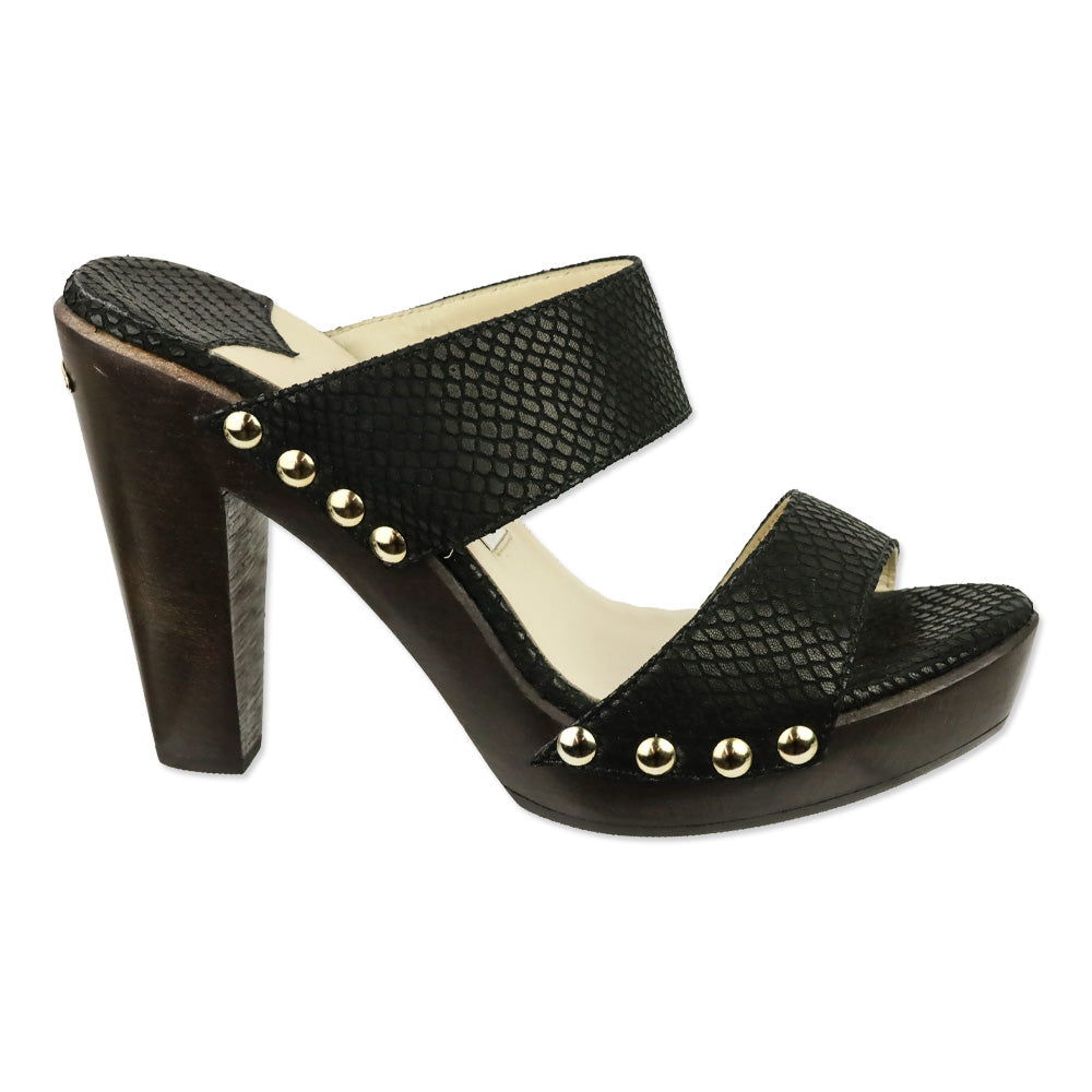 Jimmy Choo Ulrika Black Snakeskin Embossed Leather Wood Platform Mules