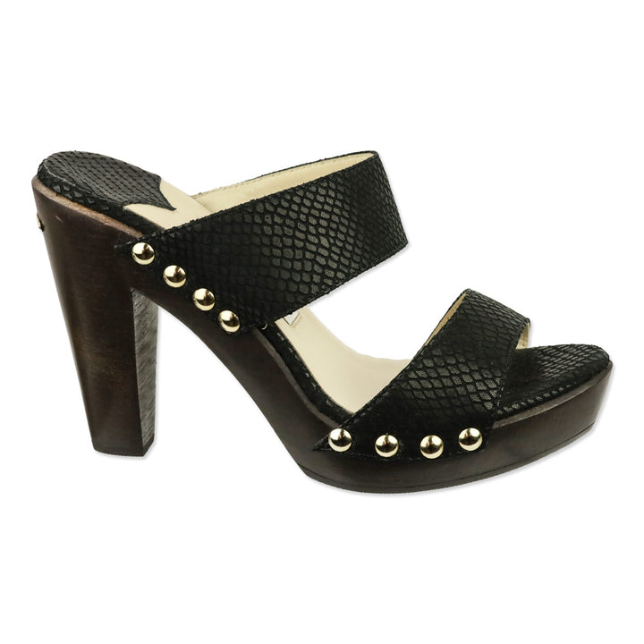 Jimmy Choo Ulrika Black Snakeskin Embossed Leather Wood Platform Mules