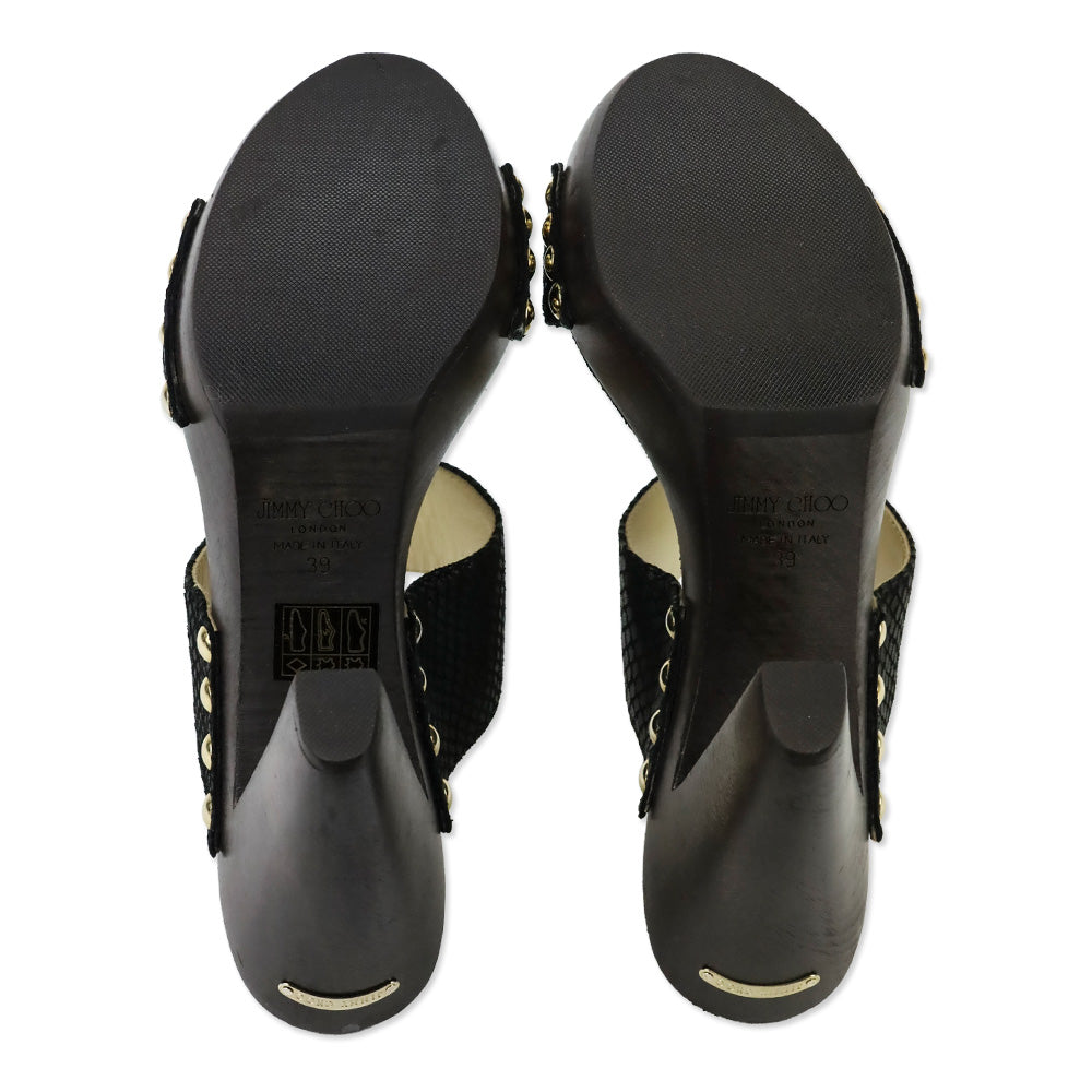 Jimmy Choo Ulrika Black Snakeskin Embossed Leather Wood Platform Mules