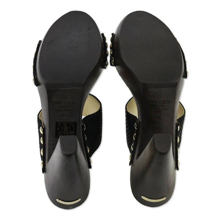 Jimmy Choo Ulrika Black Snakeskin Embossed Leather Wood Platform Mules