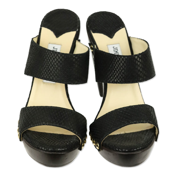 Jimmy Choo Ulrika Black Snakeskin Embossed Leather Wood Platform Mules