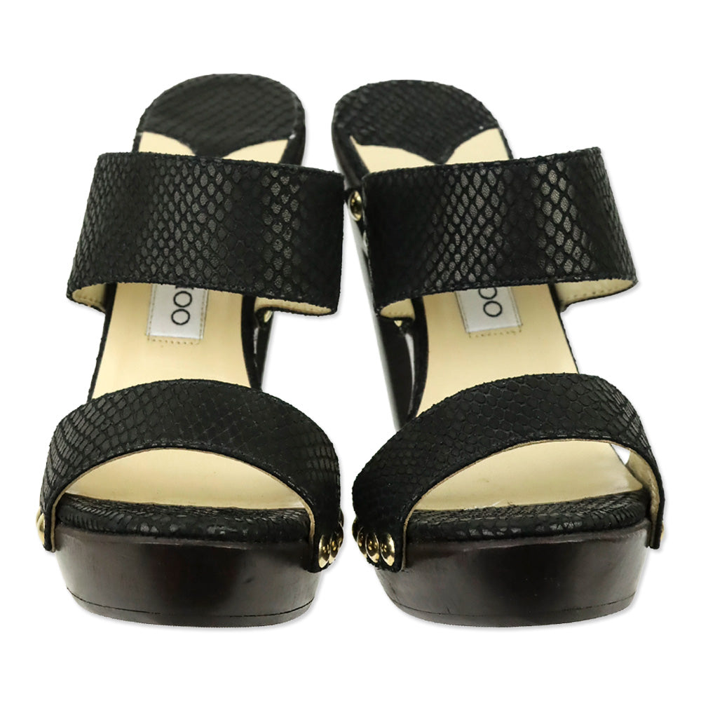 Jimmy Choo Ulrika Black Snakeskin Embossed Leather Wood Platform Mules