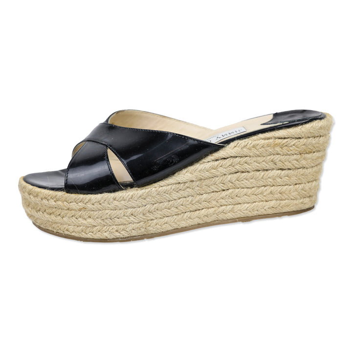 Jimmy Choo Black Patent Leather Wedge Espadrille Slides