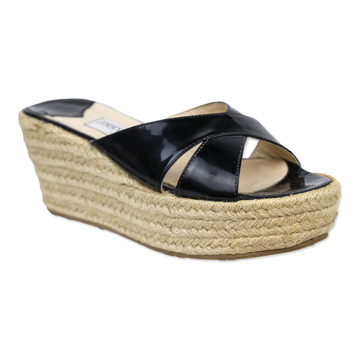 Jimmy Choo Black Patent Leather Wedge Espadrille Slides