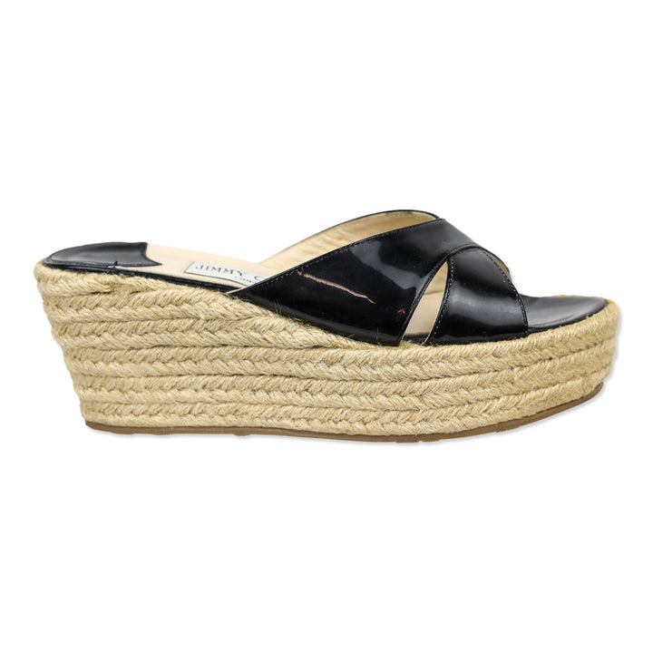 Jimmy Choo Black Patent Leather Wedge Espadrille Slides