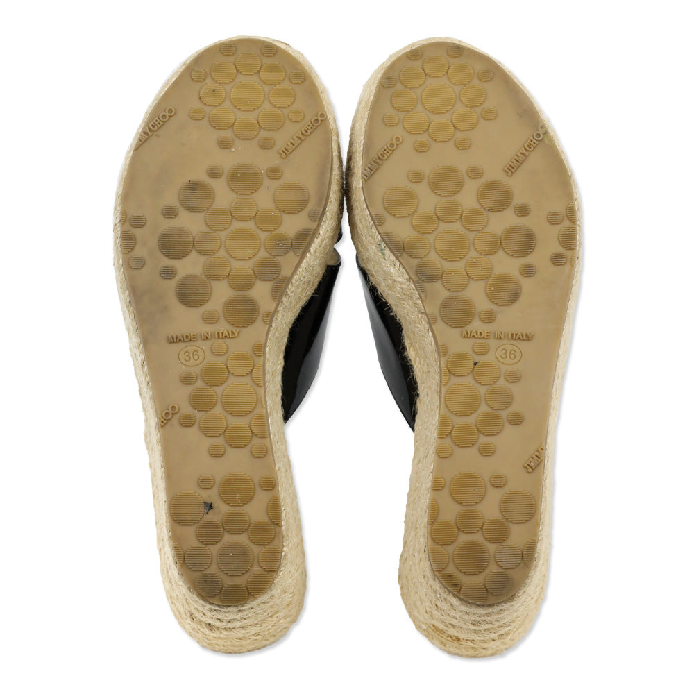 Jimmy Choo Black Patent Leather Wedge Espadrille Slides