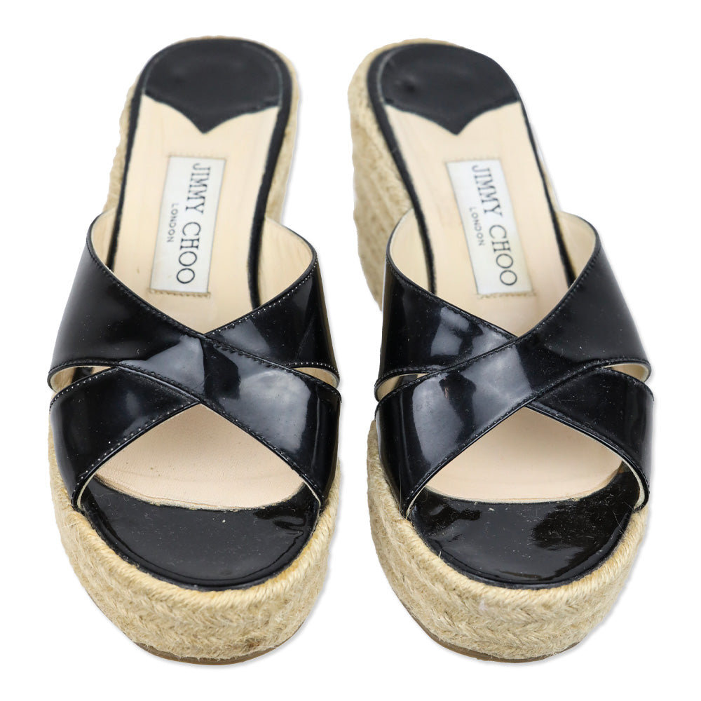 Jimmy Choo Black Patent Leather Wedge Espadrille Slides