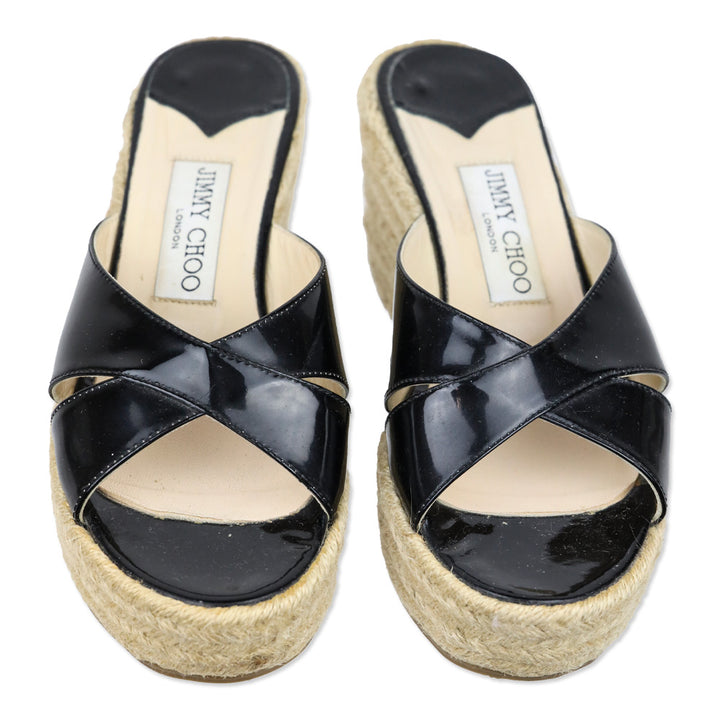 Jimmy Choo Black Patent Leather Wedge Espadrille Slides