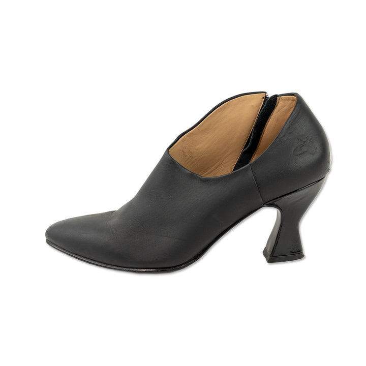 John Fluevog Black Leather Asymmetrical Heeled Booties