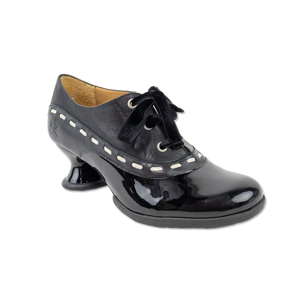 John Fluevog Black Leather Round Toe Loafers with Round Heel and Velvet Laces