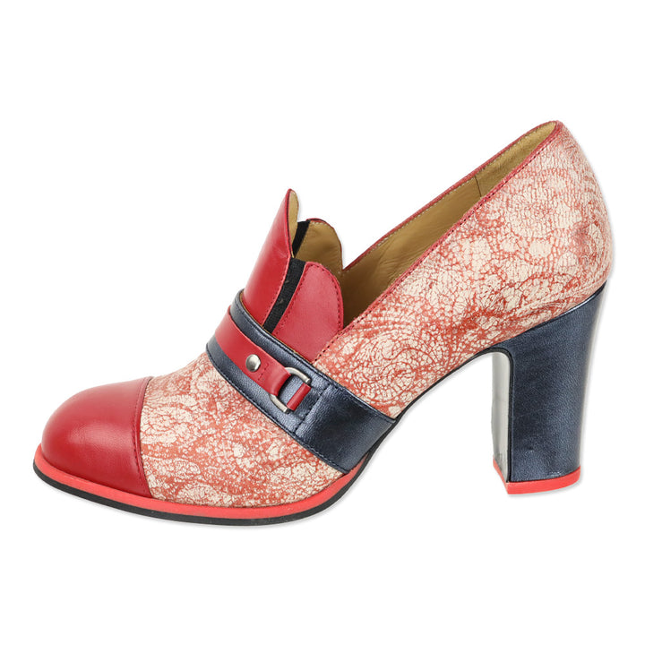John Fluevog Blue/Red Attic Carlyne Scalloped Tongue Loafer Heel