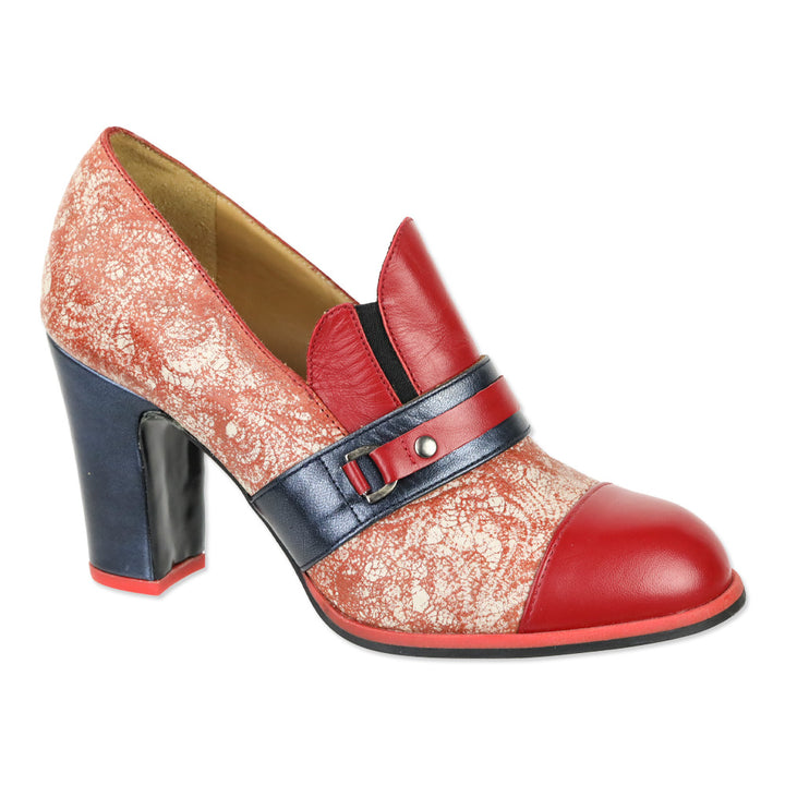 John Fluevog Blue/Red Attic Carlyne Scalloped Tongue Loafer Heel