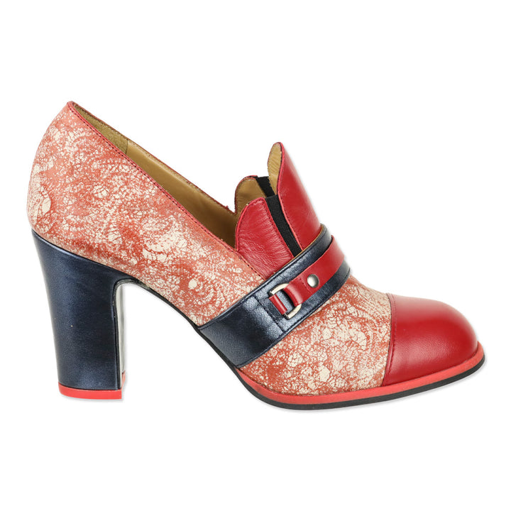 John Fluevog Blue/Red Attic Carlyne Scalloped Tongue Loafer Heel