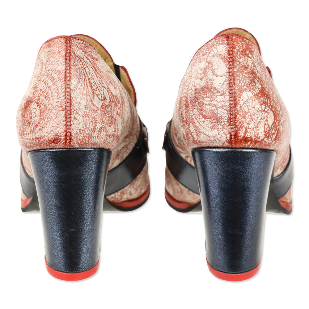 John Fluevog Blue/Red Attic Carlyne Scalloped Tongue Loafer Heel