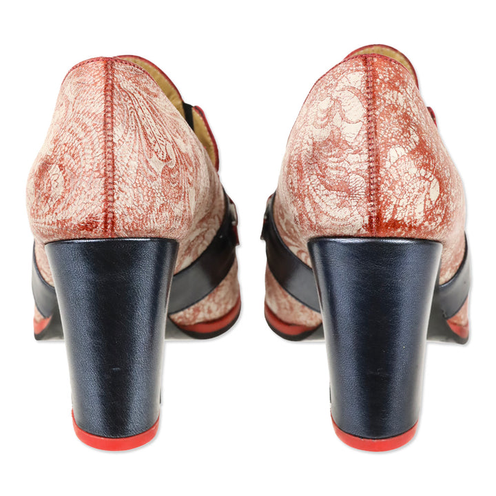 John Fluevog Blue/Red Attic Carlyne Scalloped Tongue Loafer Heel