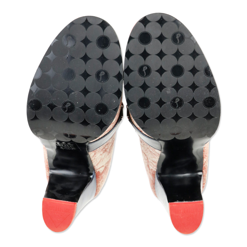 John Fluevog Blue/Red Attic Carlyne Scalloped Tongue Loafer Heel