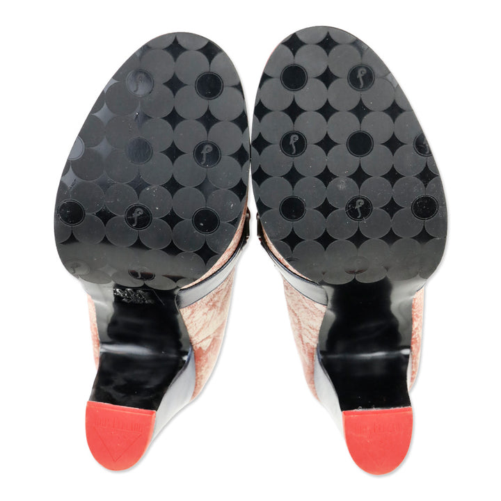 John Fluevog Blue/Red Attic Carlyne Scalloped Tongue Loafer Heel