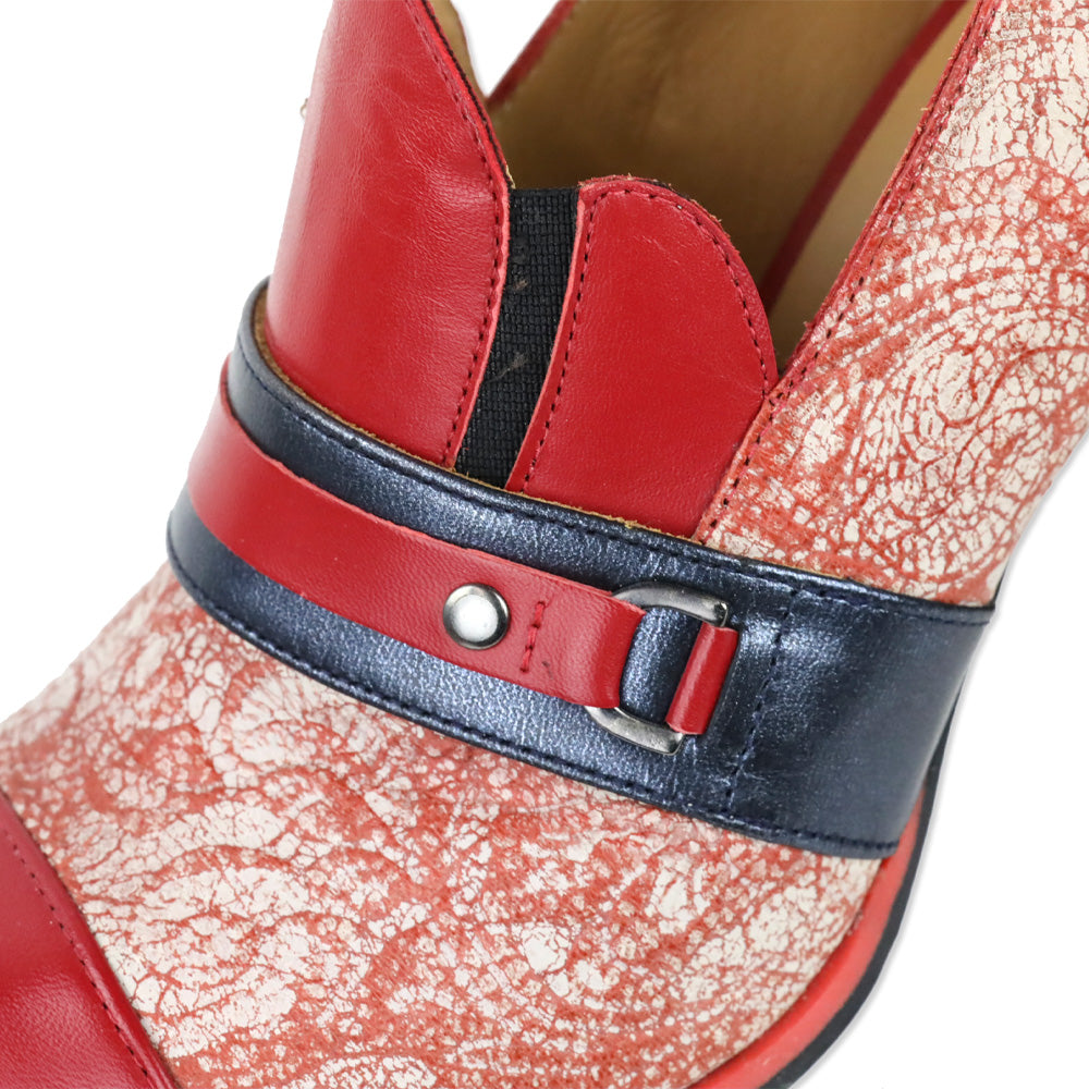 John Fluevog Blue/Red Attic Carlyne Scalloped Tongue Loafer Heel